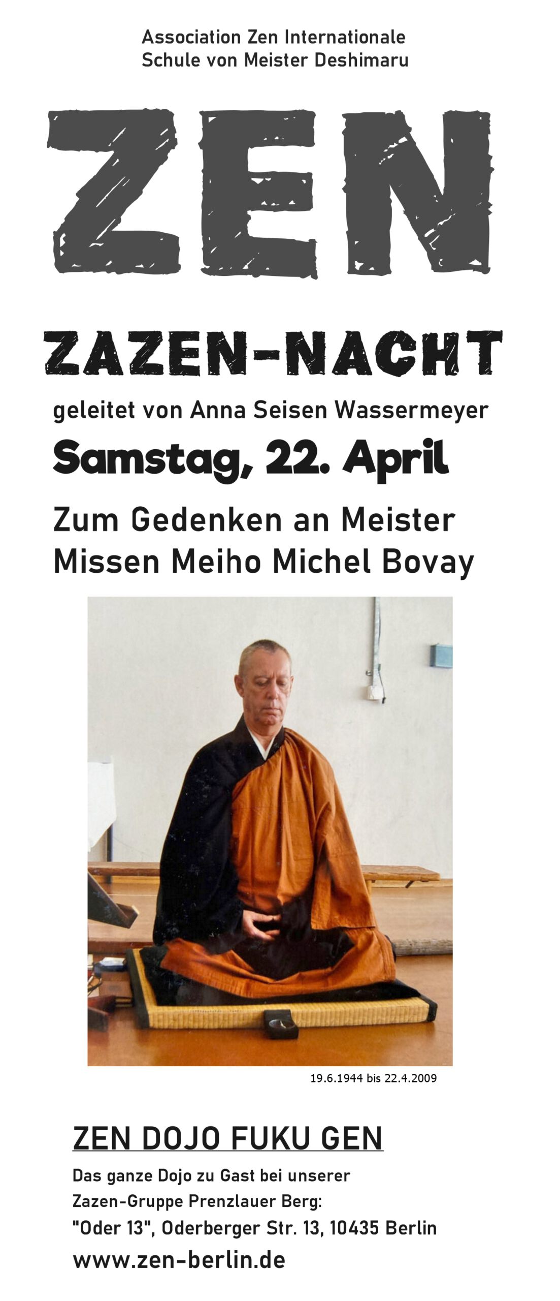 Flyer: Michel Bovay, abgebildet in Zazen-Haltung und Kesa